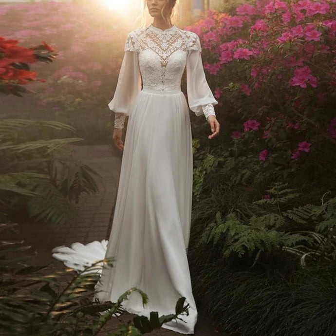 Vintage Boho Wedding Dress with Long Puffy Sleeves and High Neck Lace