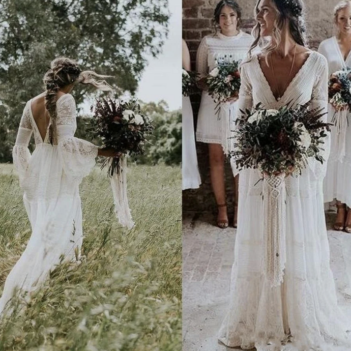 Boho Lace Wedding Dress with Long Flare Sleeves and Sweep Train