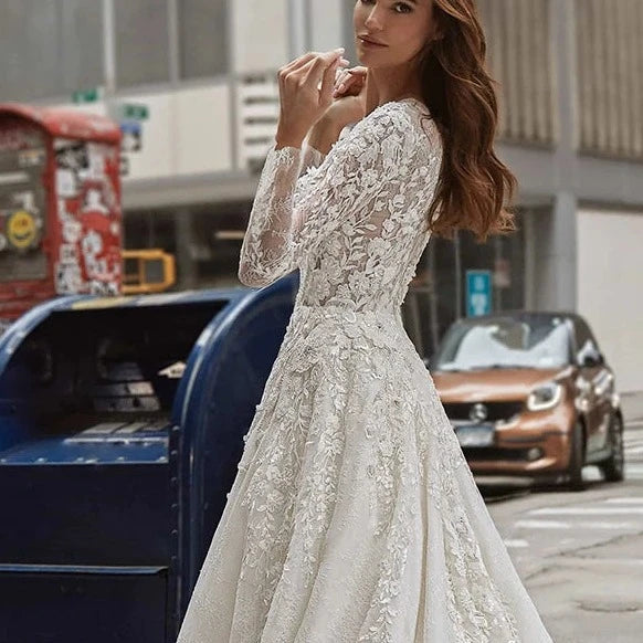 Italian Lace A Line Wedding Dress with Illusion Long Sleeves and Chapel Train