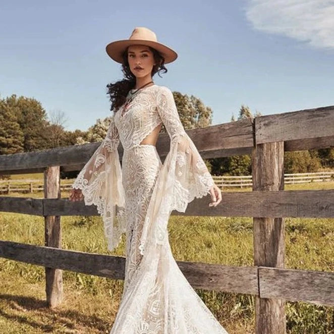Bohemian O Neck Lace Mermaid Wedding Dress with Long Batwing Sleeves and Backless Slit Ivory Over Beige Lining 18W