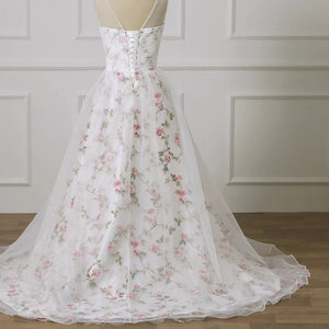 Elegant A-Line Wedding Dress with Floral Print, Sweetheart Neckline, and Sweep Train