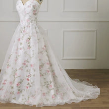 Load image into Gallery viewer, Elegant A-Line Wedding Dress with Floral Print, Sweetheart Neckline, and Sweep Train